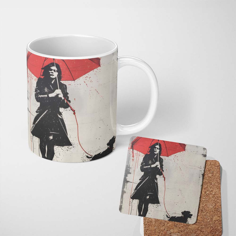 Woman Walking Dog Under Red Umbrella Street Art 11oz Ceramic Coffee Tea Mug White Large Handle