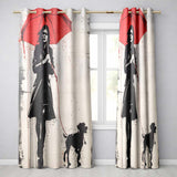 Woman Walking Dog Under Red Umbrella Street Art Stylish Artwork for Bedroom Decor Readymade Eyelet Ring Top Thermal 100% Blackout Curtains