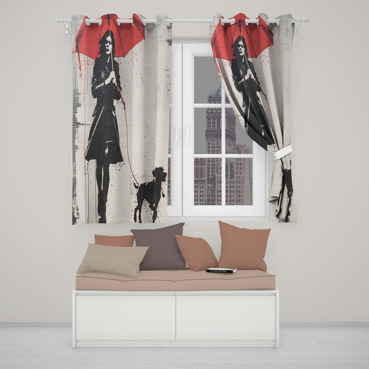 Woman Walking Dog Under Red Umbrella Street Art Stylish Artwork for Bedroom Decor Readymade Eyelet Ring Top Thermal 100% Blackout Curtains