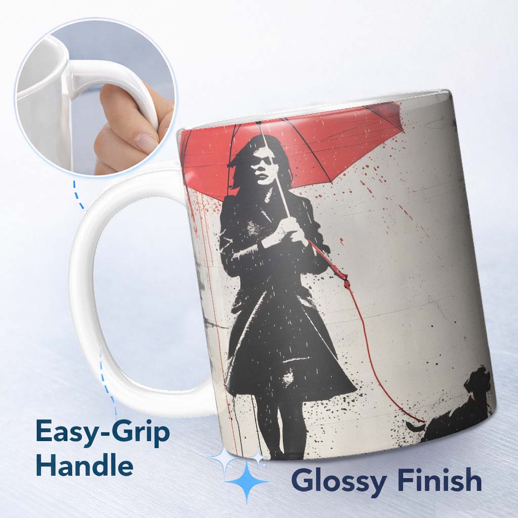 Woman Walking Dog Under Red Umbrella Street Art 11oz Ceramic Coffee Tea Mug White Large Handle
