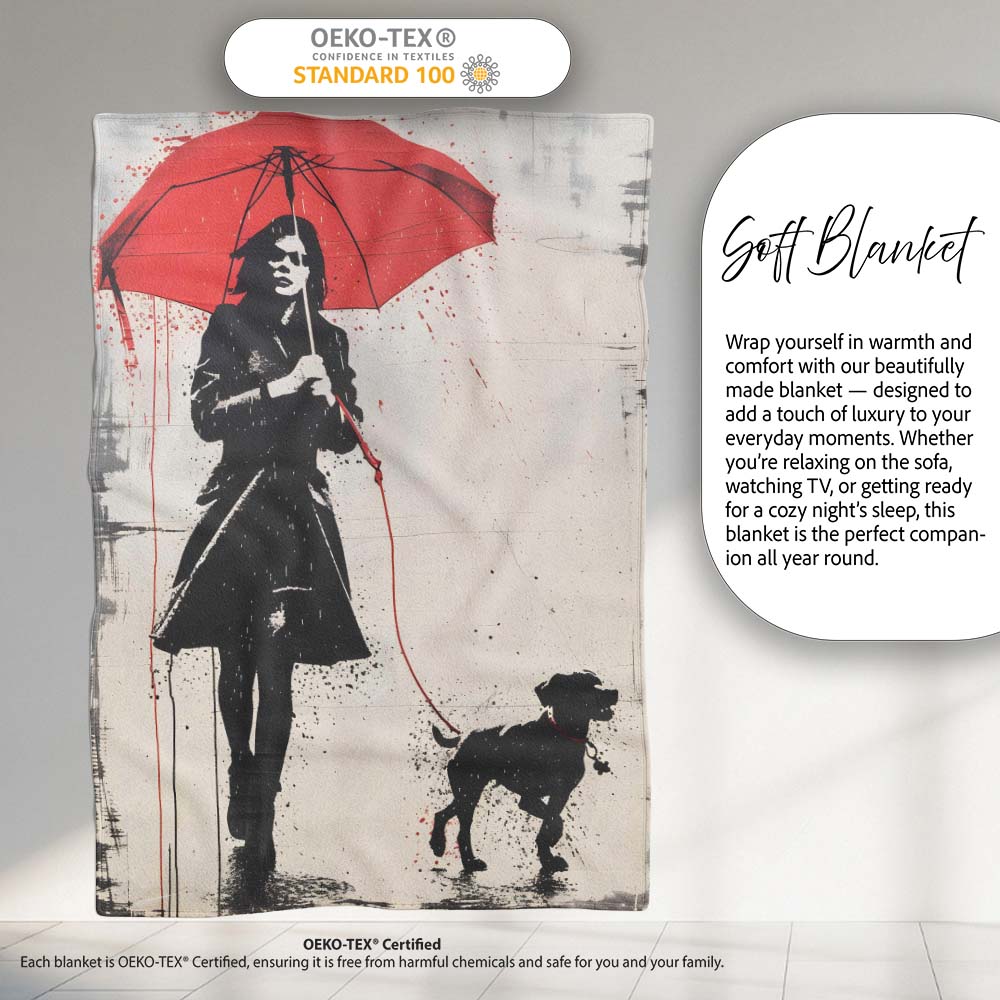 Woman Walking Dog Under Red Umbrella Street Art, Bedroom Living Room Accent, All Season Comfort - Super Soft Fleece Blanket Bed Sofa Throw