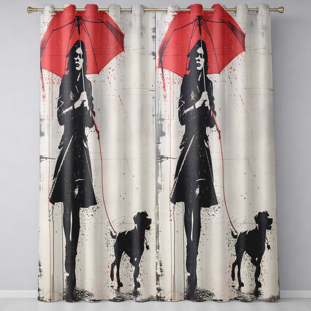 Woman Walking Dog Under Red Umbrella Street Art Stylish Artwork for Bedroom Decor Readymade Eyelet Ring Top Thermal 100% Blackout Curtains