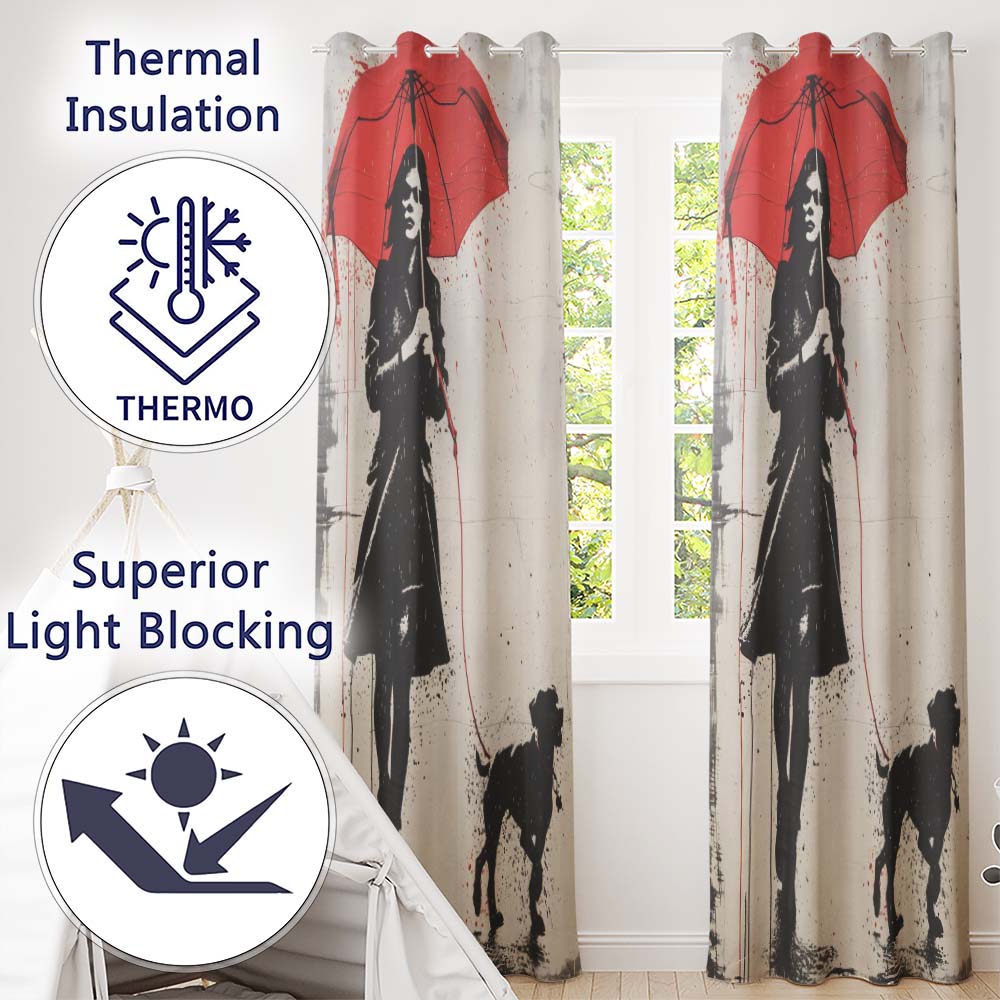 Woman Walking Dog Under Red Umbrella Street Art Stylish Artwork for Bedroom Decor Readymade Eyelet Ring Top Thermal 100% Blackout Curtains