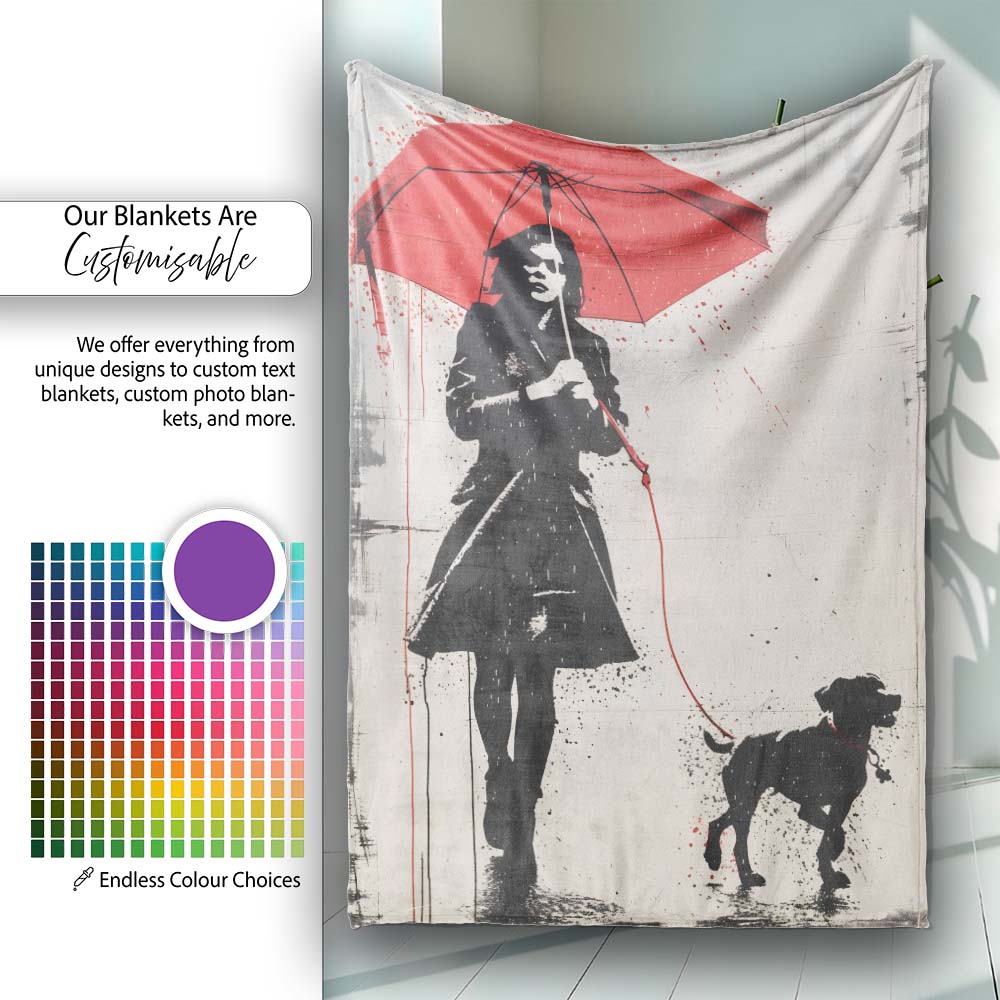 Woman Walking Dog Under Red Umbrella Street Art, Bedroom Living Room Accent, All Season Comfort - Super Soft Fleece Blanket Bed Sofa Throw