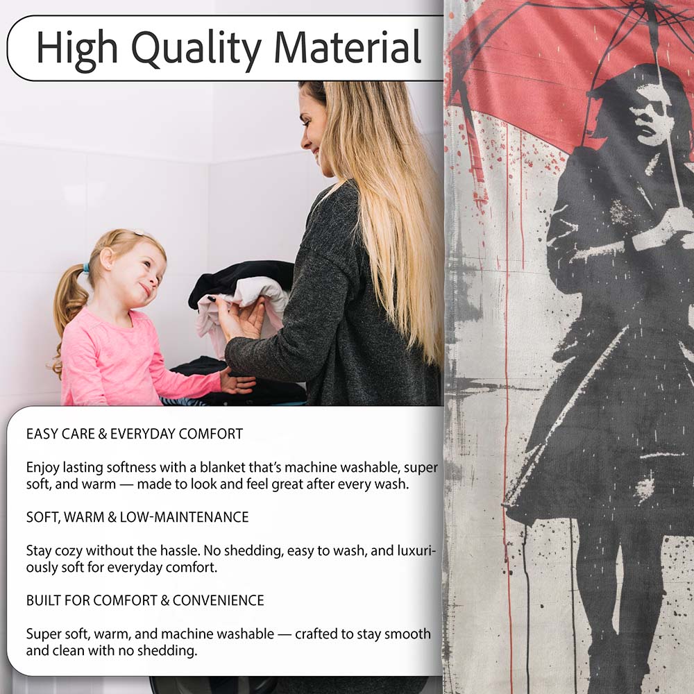 Woman Walking Dog Under Red Umbrella Street Art, Bedroom Living Room Accent, All Season Comfort - Super Soft Fleece Blanket Bed Sofa Throw