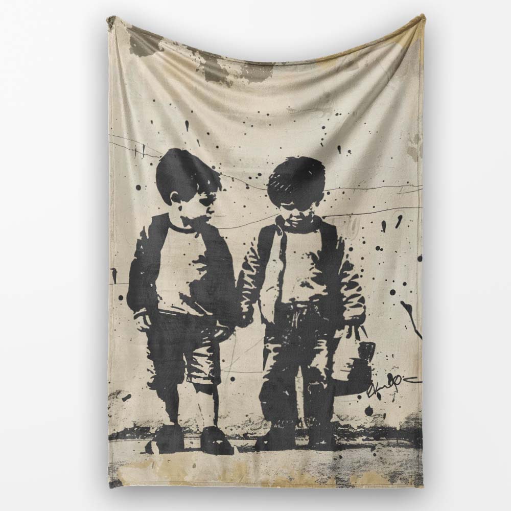 Two Young Friends Monochrome Stencil Street Art, Bedroom Living Room Accent, All Season Comfort - Super Soft Fleece Blanket Bed Sofa Throw