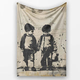 Two Young Friends Monochrome Stencil Street Art, Bedroom Living Room Accent, All Season Comfort - Super Soft Fleece Blanket Bed Sofa Throw