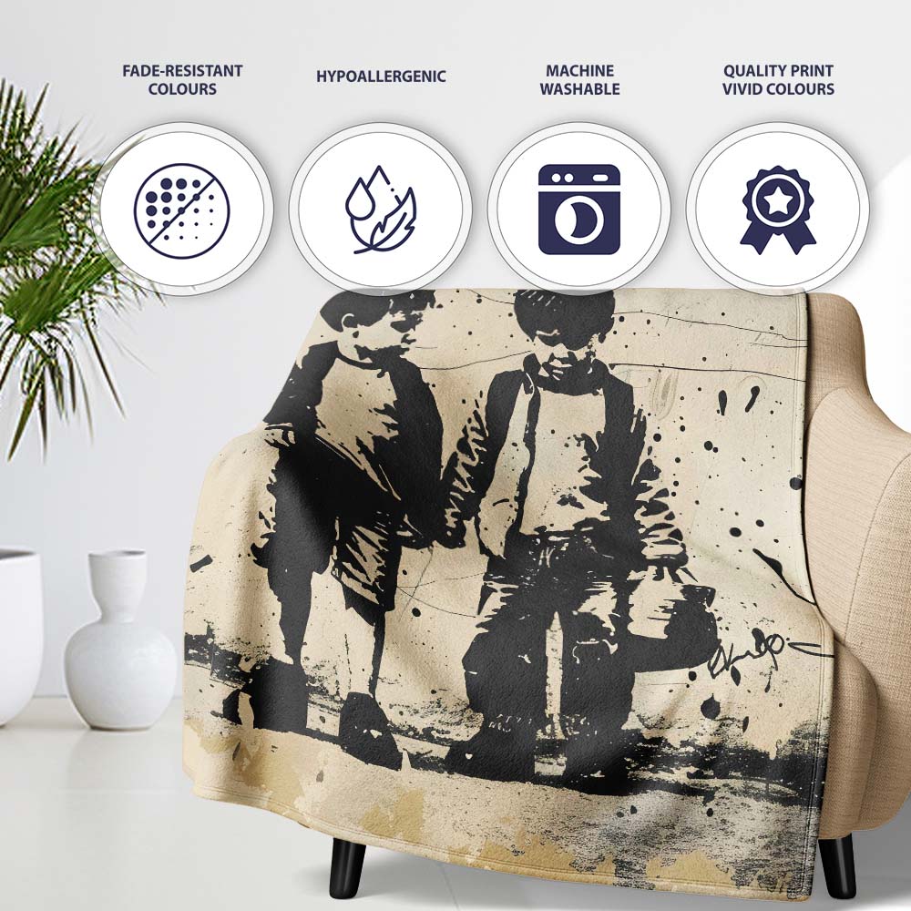 Two Young Friends Monochrome Stencil Street Art, Bedroom Living Room Accent, All Season Comfort - Super Soft Fleece Blanket Bed Sofa Throw