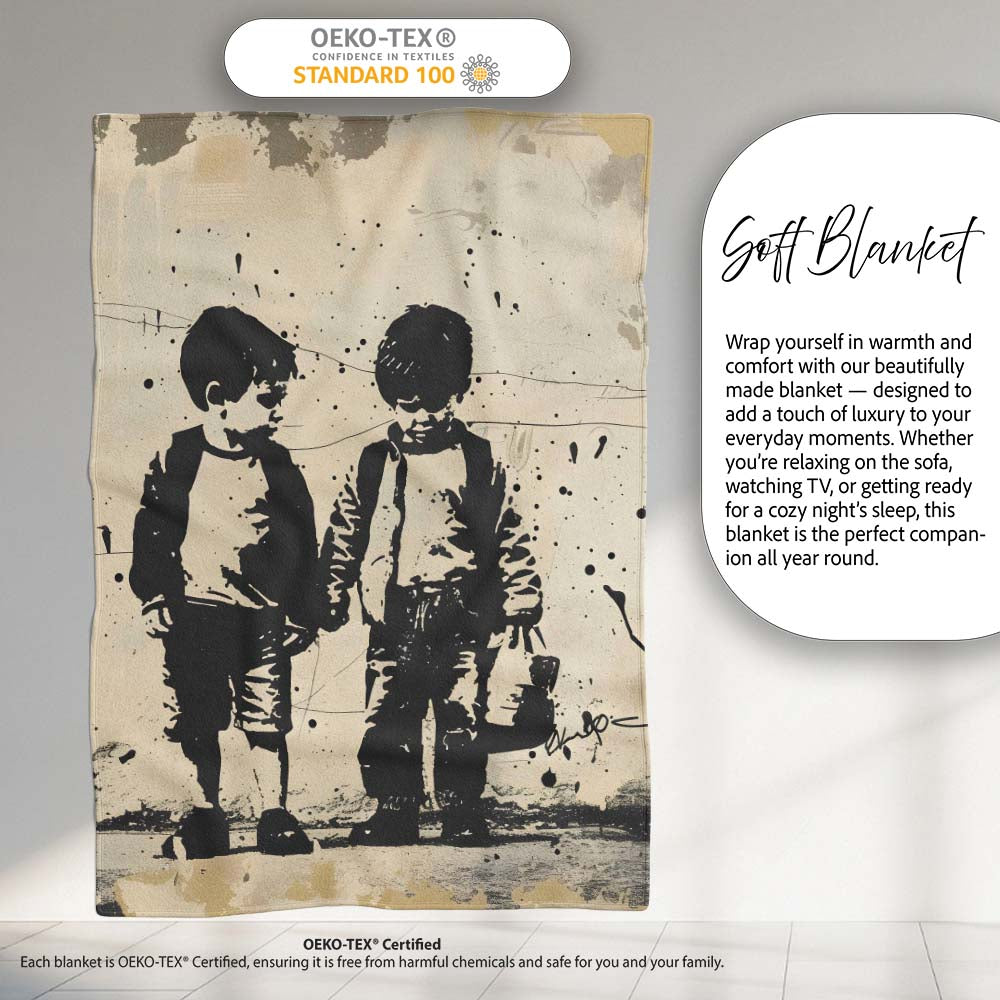 Two Young Friends Monochrome Stencil Street Art, Bedroom Living Room Accent, All Season Comfort - Super Soft Fleece Blanket Bed Sofa Throw
