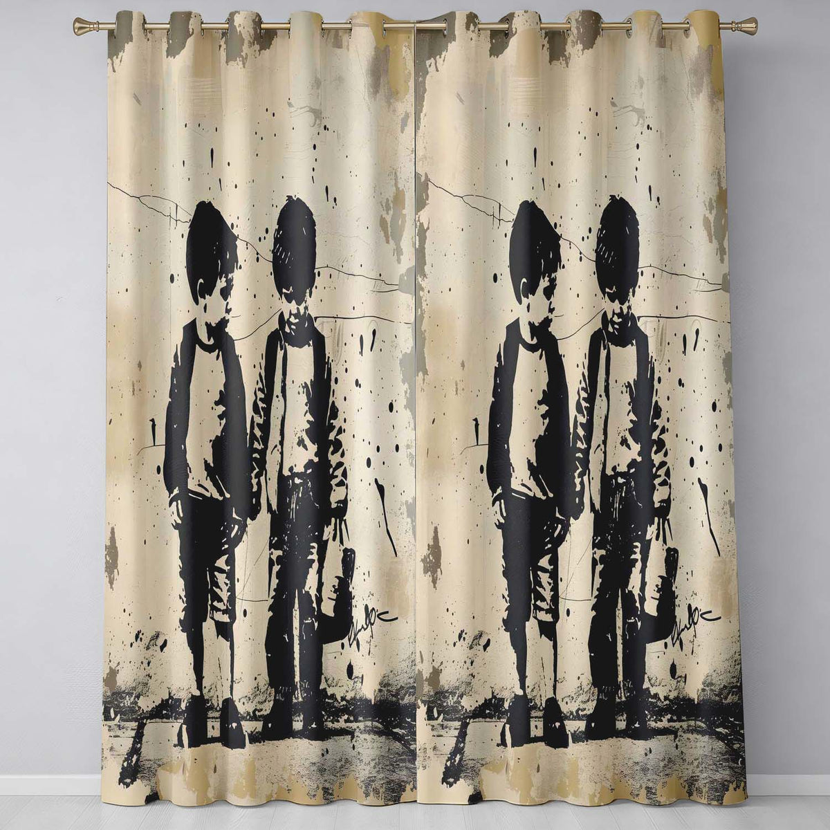 Two Young Friends Monochrome Stencil Street Art Distinctive Design for Home Decor Readymade Eyelet Ring Top Thermal 100% Blackout Curtains