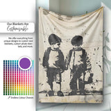 Two Young Friends Monochrome Stencil Street Art, Bedroom Living Room Accent, All Season Comfort - Super Soft Fleece Blanket Bed Sofa Throw