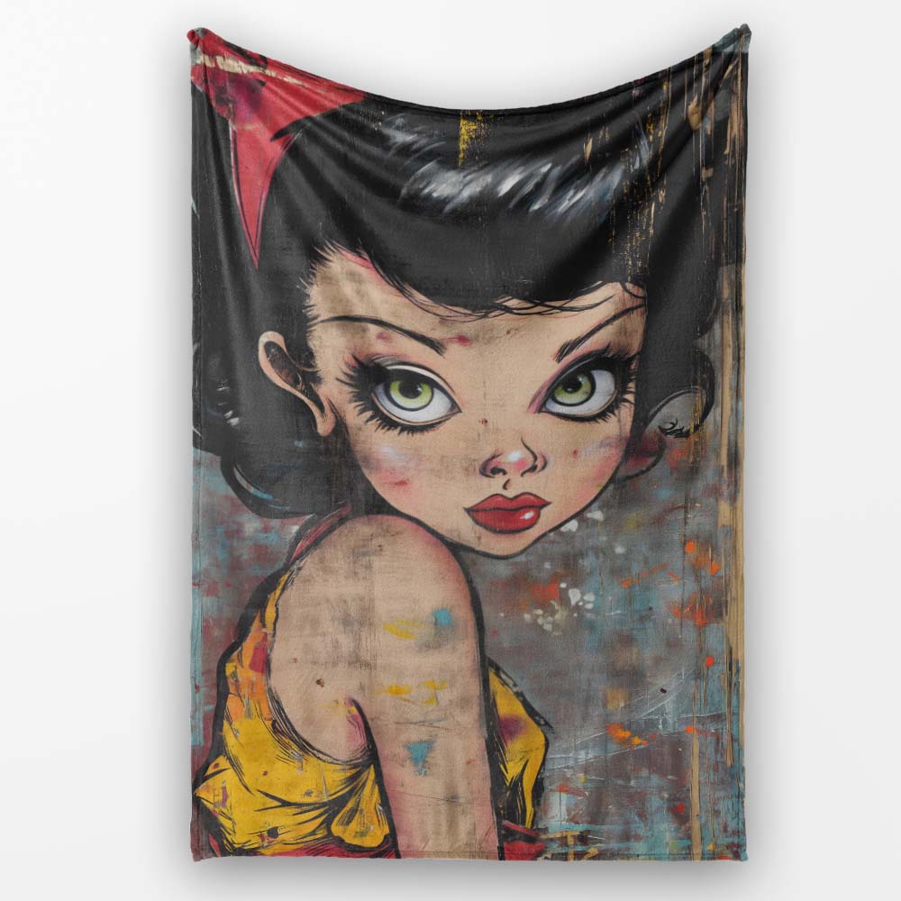 Big Eyed Cartoon Girl Red Bow Colourful Grunge Art, All Season Comfort, Stylish Room Decoration - Super Soft Fleece Blanket Bed Sofa Throw