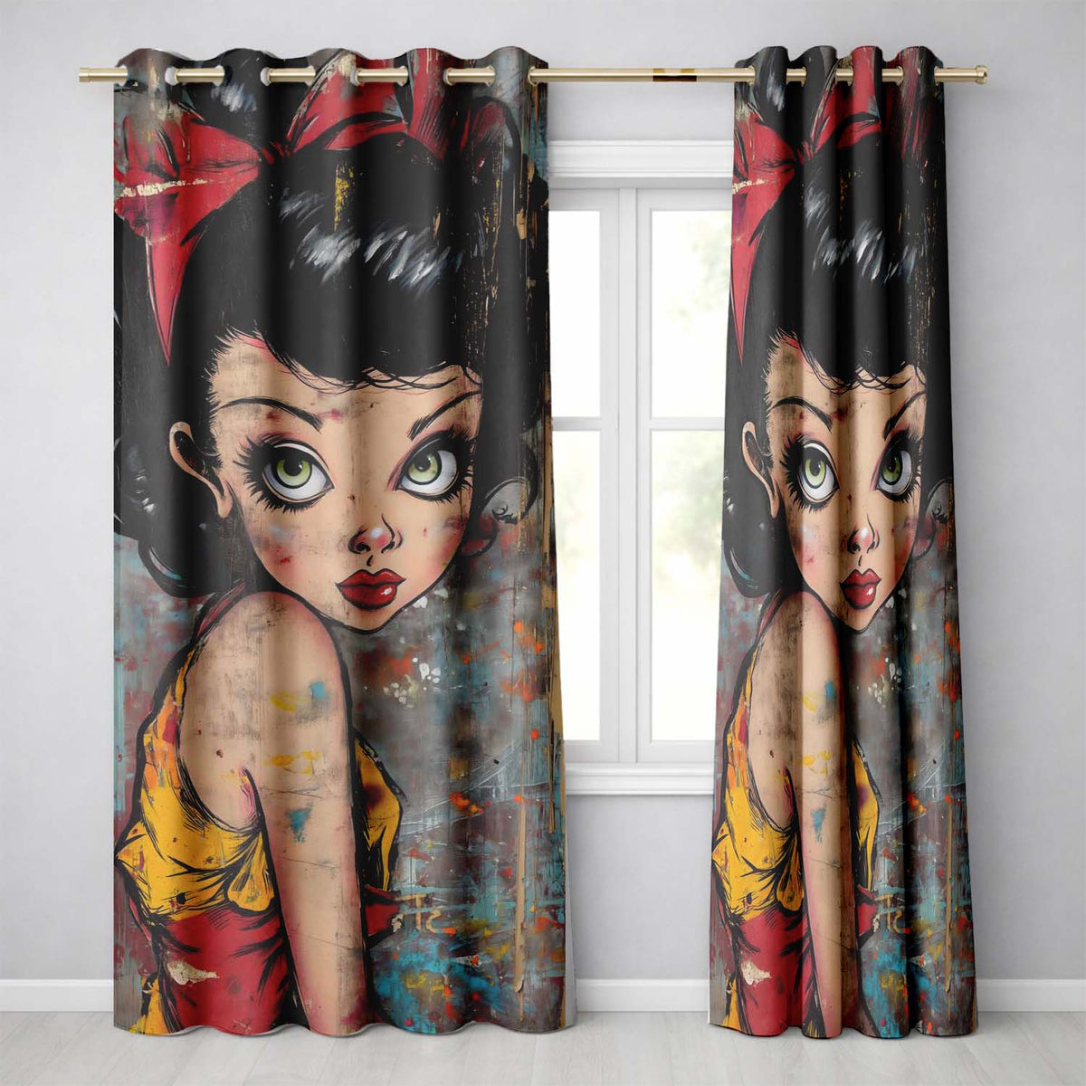 Big Eyed Cartoon Girl Red Bow Colourful Grunge Art Expressive Artistic Home Decor Readymade Eyelet Ring Top Thermal 100% Blackout Curtains