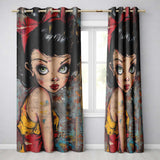 Big Eyed Cartoon Girl Red Bow Colourful Grunge Art Expressive Artistic Home Decor Readymade Eyelet Ring Top Thermal 100% Blackout Curtains