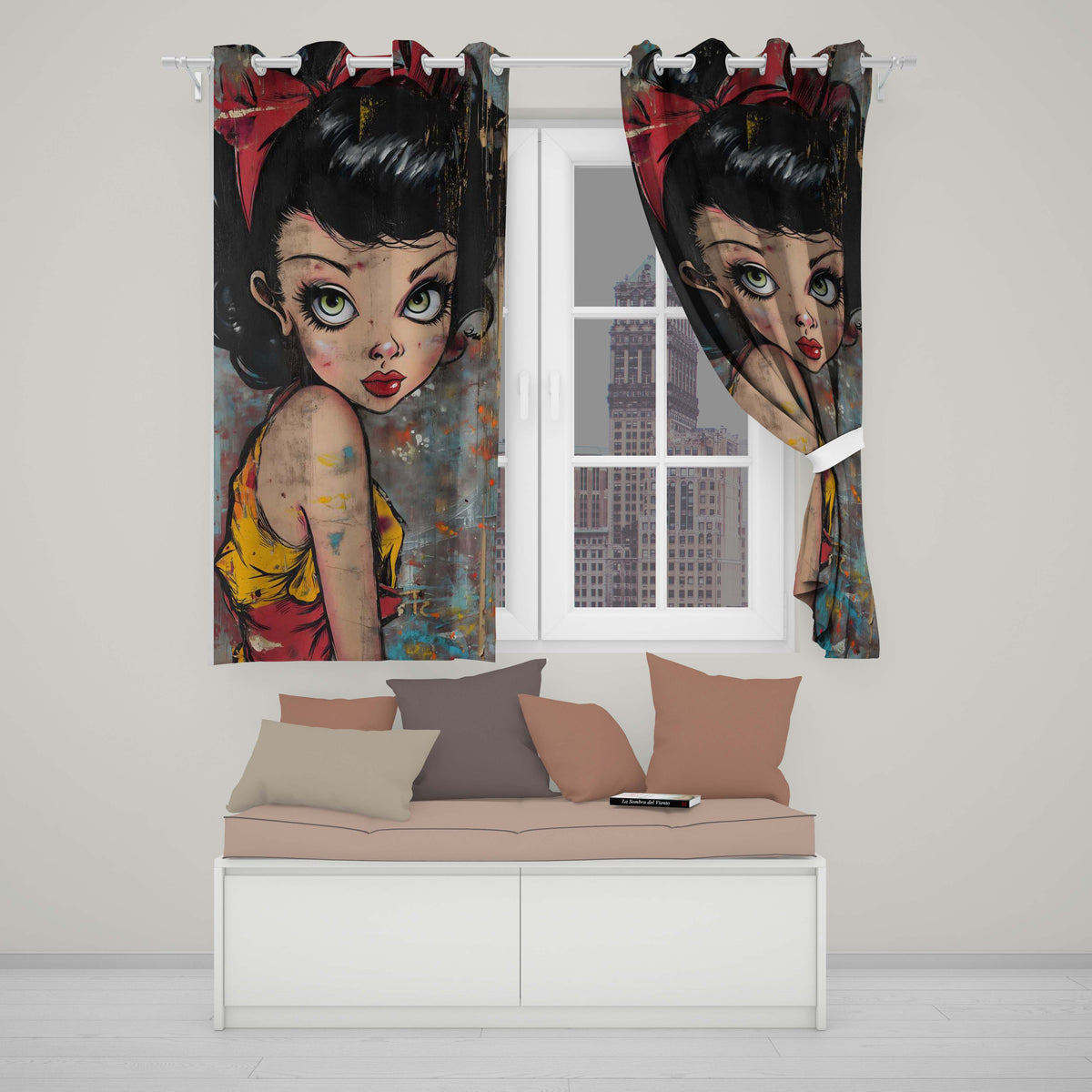 Big Eyed Cartoon Girl Red Bow Colourful Grunge Art Expressive Artistic Home Decor Readymade Eyelet Ring Top Thermal 100% Blackout Curtains