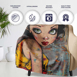 Big Eyed Cartoon Girl Red Bow Colourful Grunge Art, All Season Comfort, Stylish Room Decoration - Super Soft Fleece Blanket Bed Sofa Throw
