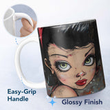Big Eyed Cartoon Girl Red Bow Colourful Grunge Art 11oz Ceramic Coffee Tea Mug White Large Handle