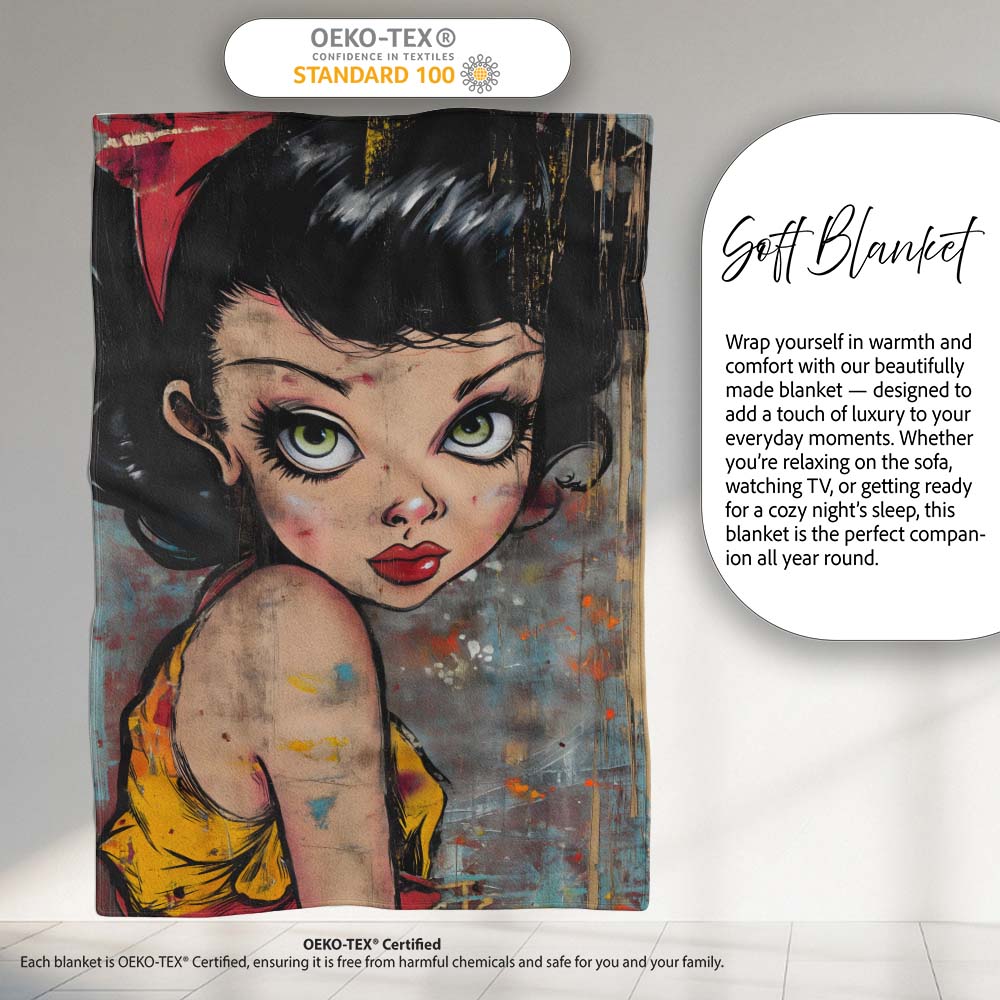 Big Eyed Cartoon Girl Red Bow Colourful Grunge Art, All Season Comfort, Stylish Room Decoration - Super Soft Fleece Blanket Bed Sofa Throw
