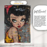 Big Eyed Cartoon Girl Red Bow Colourful Grunge Art, All Season Comfort, Stylish Room Decoration - Super Soft Fleece Blanket Bed Sofa Throw