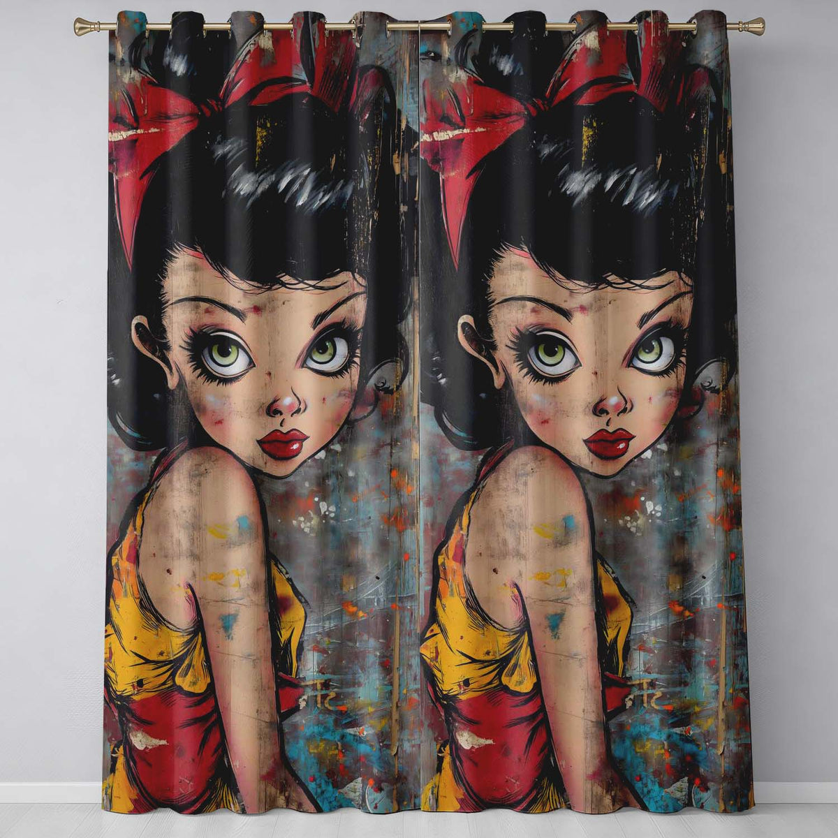 Big Eyed Cartoon Girl Red Bow Colourful Grunge Art Expressive Artistic Home Decor Readymade Eyelet Ring Top Thermal 100% Blackout Curtains