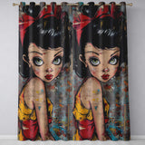 Big Eyed Cartoon Girl Red Bow Colourful Grunge Art Expressive Artistic Home Decor Readymade Eyelet Ring Top Thermal 100% Blackout Curtains