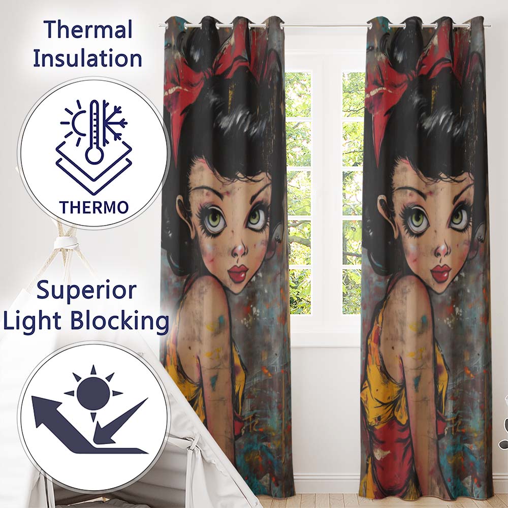 Big Eyed Cartoon Girl Red Bow Colourful Grunge Art Expressive Artistic Home Decor Readymade Eyelet Ring Top Thermal 100% Blackout Curtains