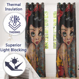 Big Eyed Cartoon Girl Red Bow Colourful Grunge Art Expressive Artistic Home Decor Readymade Eyelet Ring Top Thermal 100% Blackout Curtains