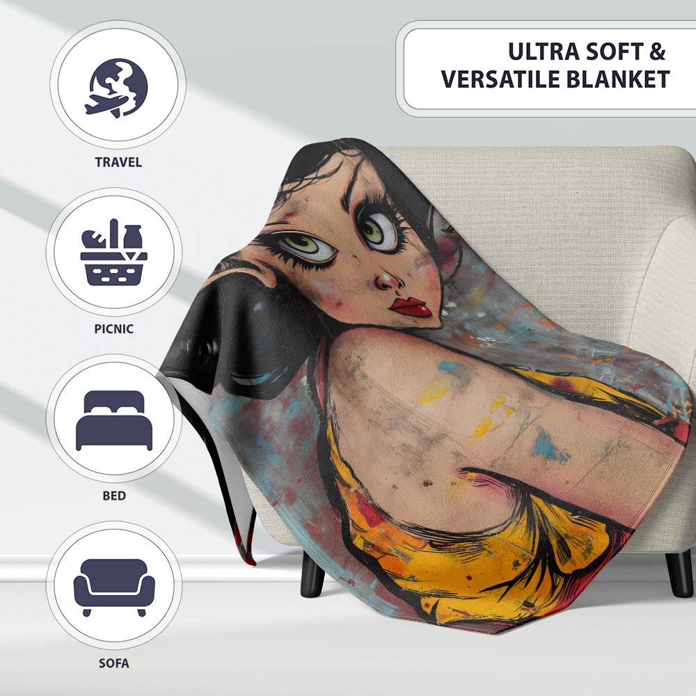 Big Eyed Cartoon Girl Red Bow Colourful Grunge Art, All Season Comfort, Stylish Room Decoration - Super Soft Fleece Blanket Bed Sofa Throw