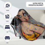 Big Eyed Cartoon Girl Red Bow Colourful Grunge Art, All Season Comfort, Stylish Room Decoration - Super Soft Fleece Blanket Bed Sofa Throw