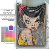 Big Eyed Cartoon Girl Red Bow Colourful Grunge Art, All Season Comfort, Stylish Room Decoration - Super Soft Fleece Blanket Bed Sofa Throw