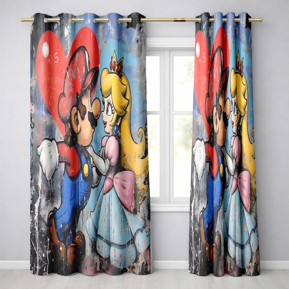 Romantic Cartoon Couple Red Heart Colourful Pop Art Vibrant Design for Home Decor Readymade Eyelet Ring Top Thermal 100% Blackout Curtains