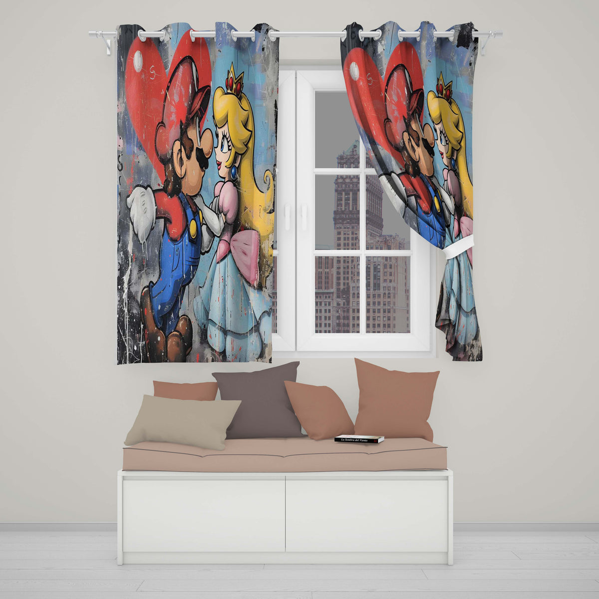 Romantic Cartoon Couple Red Heart Colourful Pop Art Vibrant Design for Home Decor Readymade Eyelet Ring Top Thermal 100% Blackout Curtains