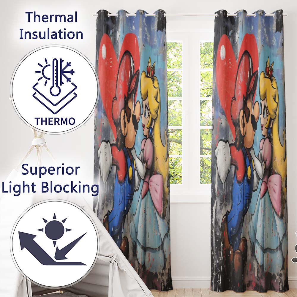Romantic Cartoon Couple Red Heart Colourful Pop Art Vibrant Design for Home Decor Readymade Eyelet Ring Top Thermal 100% Blackout Curtains