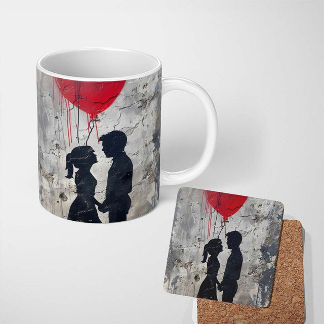 Romantic Silhouette Couple Red Heart Balloon Urban Graffiti 11oz Ceramic Coffee Tea Mug White Large Handle