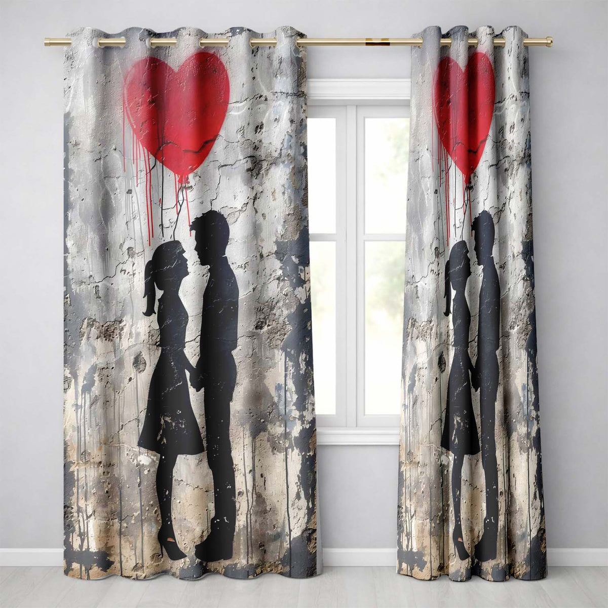 Romantic Silhouette Couple Red Heart Balloon Urban Graffiti Decorative Home Decor Readymade Eyelet Ring Top Thermal 100% Blackout Curtains