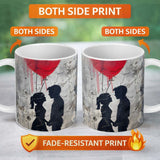 Romantic Silhouette Couple Red Heart Balloon Urban Graffiti 11oz Ceramic Coffee Tea Mug White Large Handle