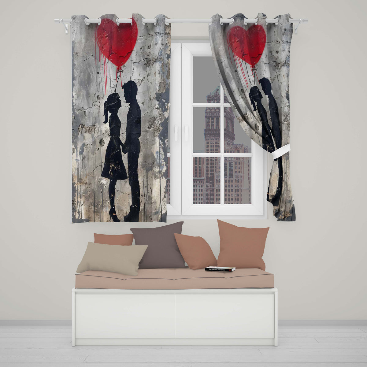 Romantic Silhouette Couple Red Heart Balloon Urban Graffiti Decorative Home Decor Readymade Eyelet Ring Top Thermal 100% Blackout Curtains