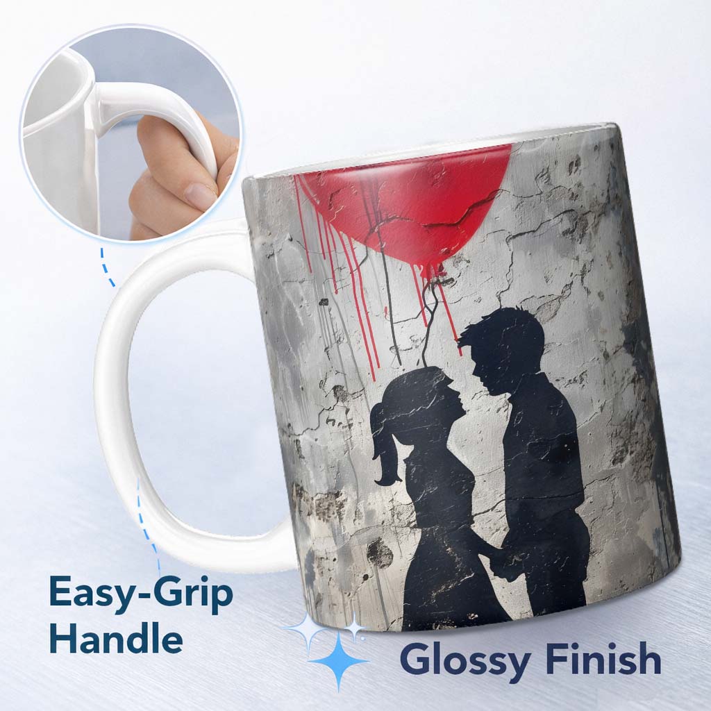 Romantic Silhouette Couple Red Heart Balloon Urban Graffiti 11oz Ceramic Coffee Tea Mug White Large Handle