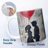 Romantic Silhouette Couple Red Heart Balloon Urban Graffiti 11oz Ceramic Coffee Tea Mug White Large Handle