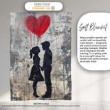 Romantic Silhouette Couple Red Heart Balloon Urban Graffiti, Artistic Comfortable Bedroom Decor - Super Soft Fleece Blanket Bed Sofa Throw