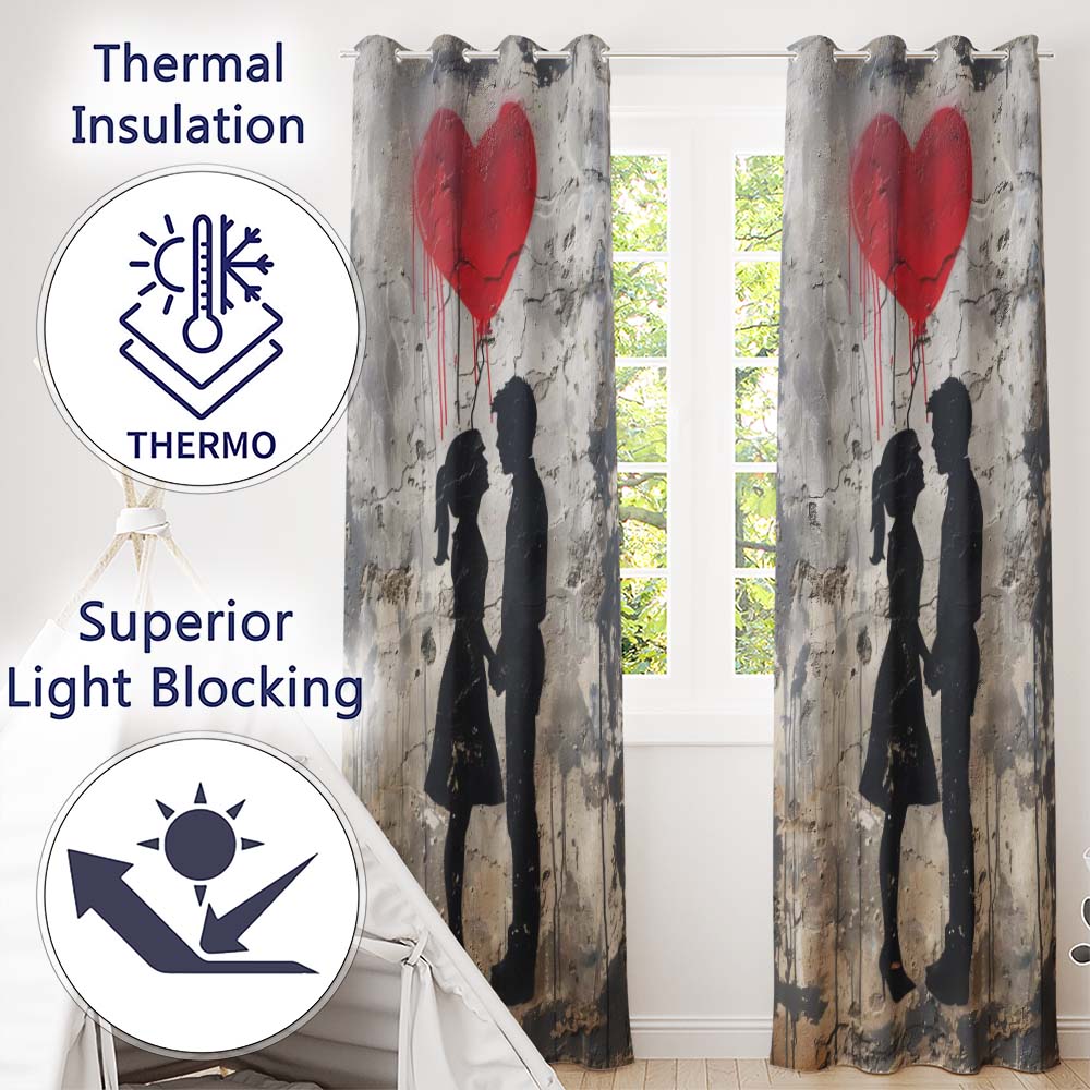 Romantic Silhouette Couple Red Heart Balloon Urban Graffiti Decorative Home Decor Readymade Eyelet Ring Top Thermal 100% Blackout Curtains