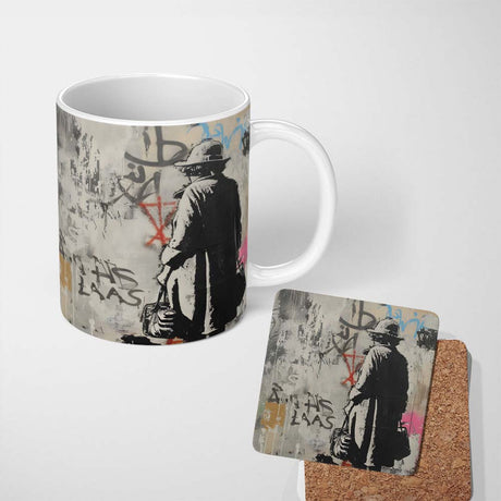 Woman Walking Dog Neutral Grey Graffiti Street Scene 11oz Ceramic Coffee Tea Mug White Large Handle