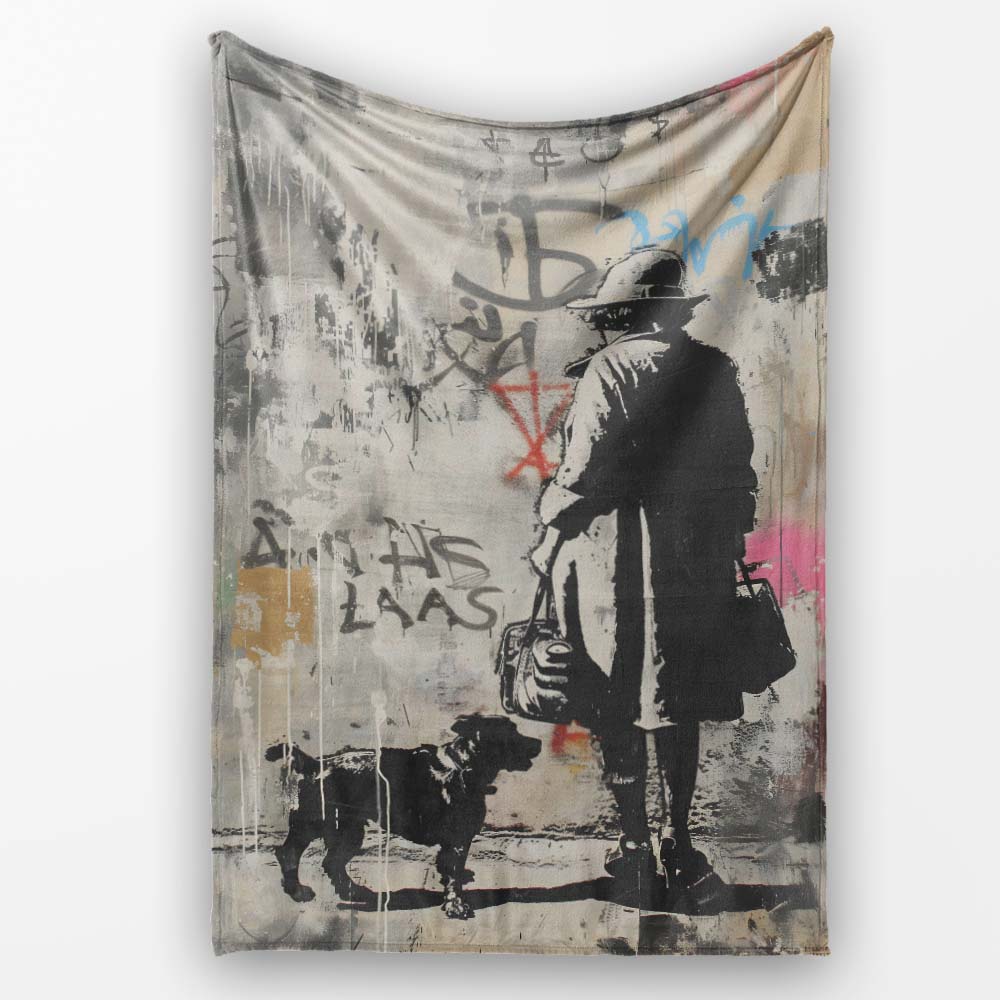 Woman Walking Dog Neutral Grey Graffiti Street Scene, Lightweight Comfortable Decorative Accent - Super Soft Fleece Blanket Bed Sofa Throw