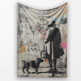 Woman Walking Dog Neutral Grey Graffiti Street Scene, Lightweight Comfortable Decorative Accent - Super Soft Fleece Blanket Bed Sofa Throw