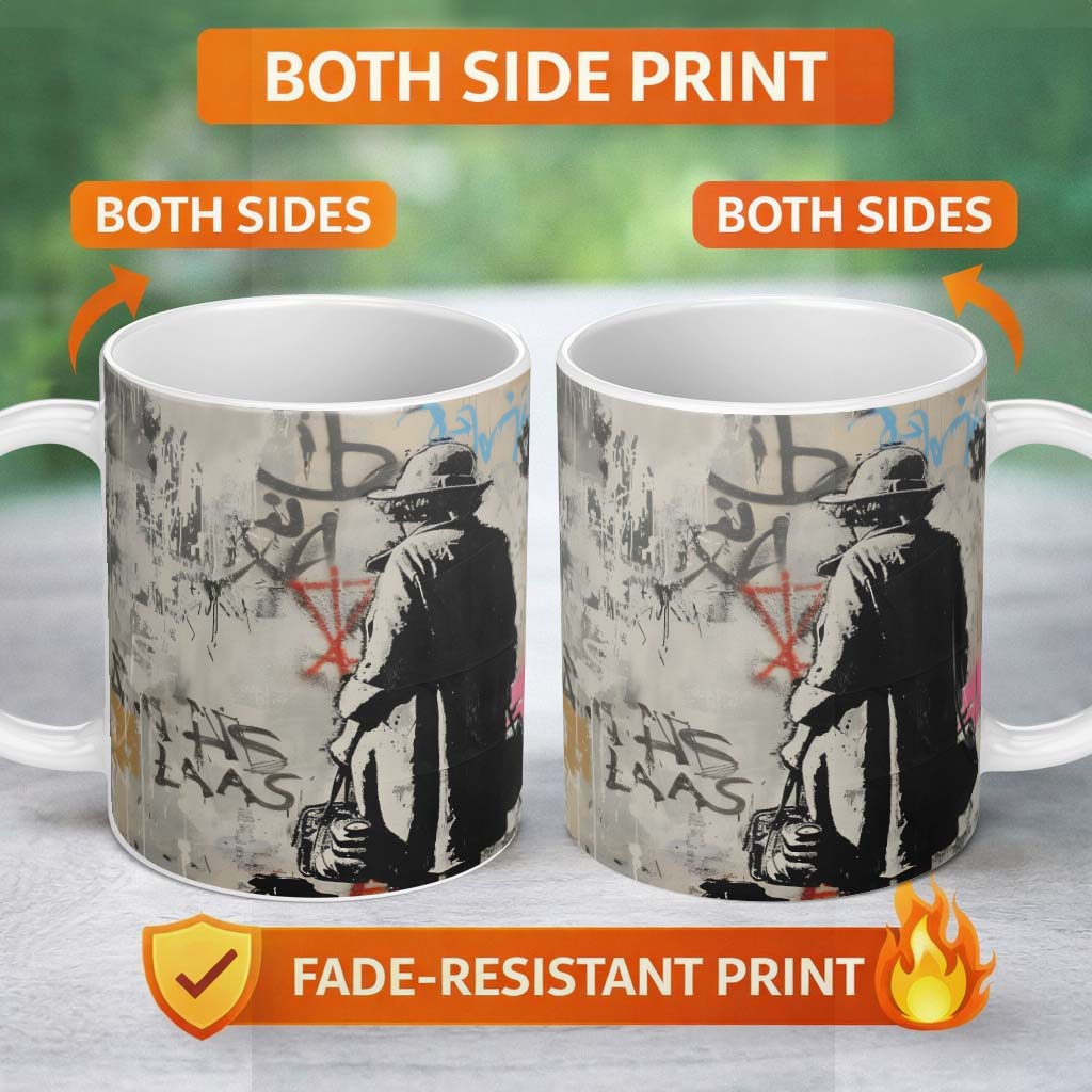 Woman Walking Dog Neutral Grey Graffiti Street Scene 11oz Ceramic Coffee Tea Mug White Large Handle