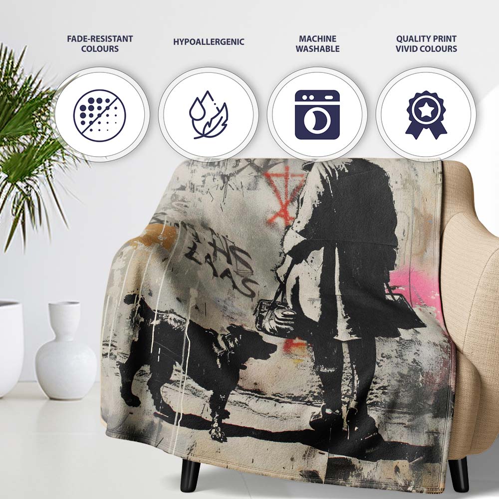 Woman Walking Dog Neutral Grey Graffiti Street Scene, Lightweight Comfortable Decorative Accent - Super Soft Fleece Blanket Bed Sofa Throw