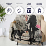 Woman Walking Dog Neutral Grey Graffiti Street Scene, Lightweight Comfortable Decorative Accent - Super Soft Fleece Blanket Bed Sofa Throw