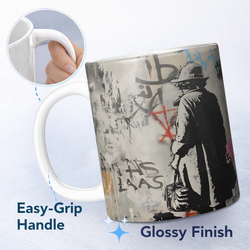 Woman Walking Dog Neutral Grey Graffiti Street Scene 11oz Ceramic Coffee Tea Mug White Large Handle