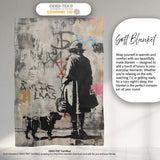 Woman Walking Dog Neutral Grey Graffiti Street Scene, Lightweight Comfortable Decorative Accent - Super Soft Fleece Blanket Bed Sofa Throw