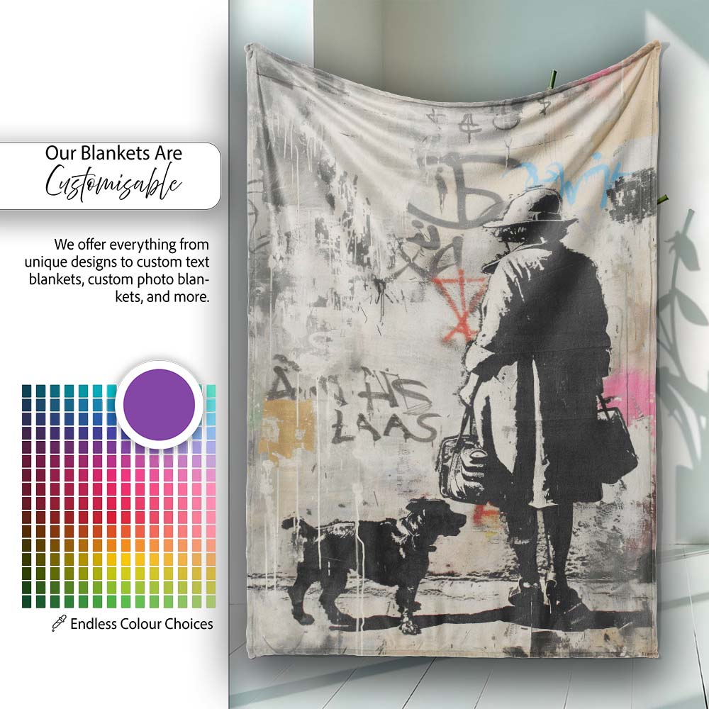 Woman Walking Dog Neutral Grey Graffiti Street Scene, Lightweight Comfortable Decorative Accent - Super Soft Fleece Blanket Bed Sofa Throw